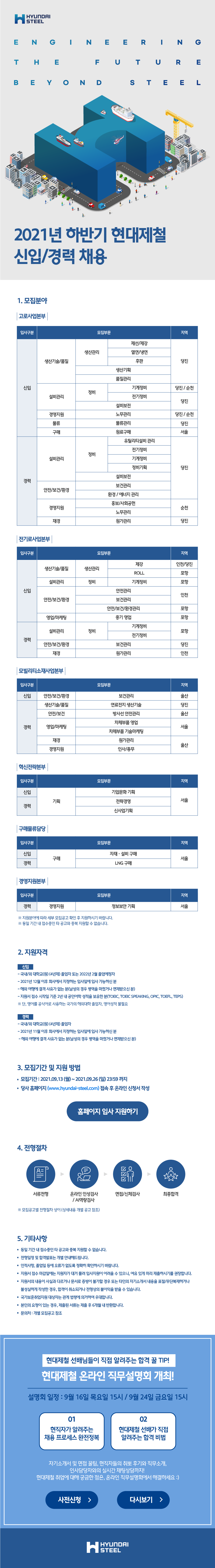 현대제철] 2021 하반기 현대제철 신입/경력 채용 모집(~9/26(일))